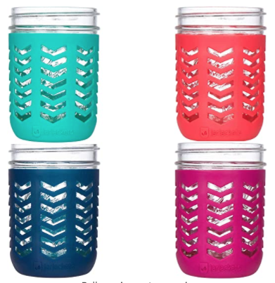 Sustainable mason jars with silicone sleeves you can use as a drinking glass